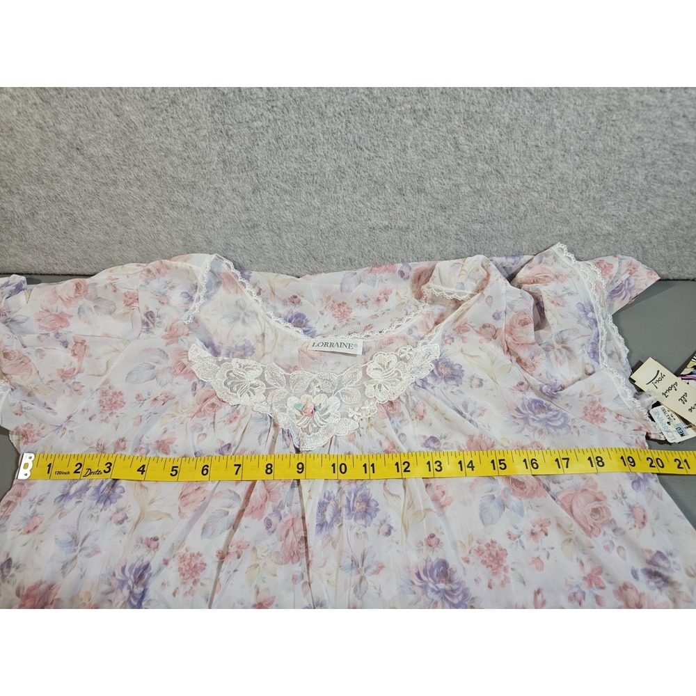 NWT Vintage LORRAINE Pink Lavendar Floral Nylon Lace Trim NIGHTGOWN Size Medium - Picture 5 of 6